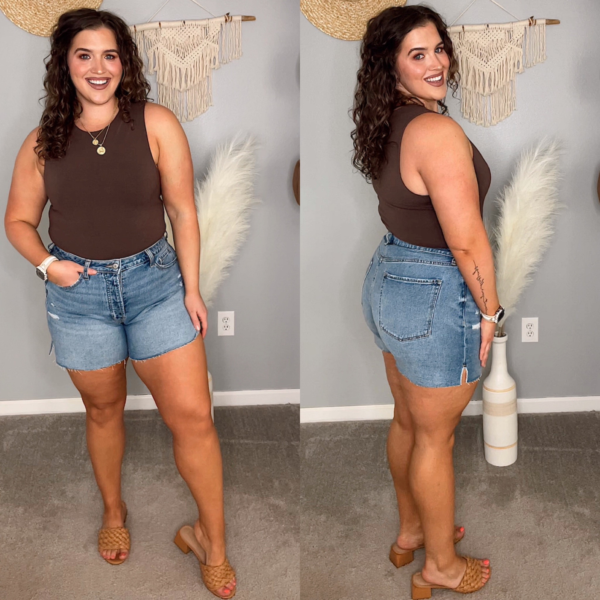 Midsize curvy friendly thick thigh shorts from Old Navy ☀️🌸✨
Shorts have 5” inseam! 
Wearing a size 14 
Bodysuit size L 
#midsizeoutfits #springoutfits #summerstyle #shorts #jeanshorts #denimshorts #curvyshorts #bodysuit #sandals #casualoutfits #everydaystyle

#LTKunder50 #LTKSeasonal #LTKcurves