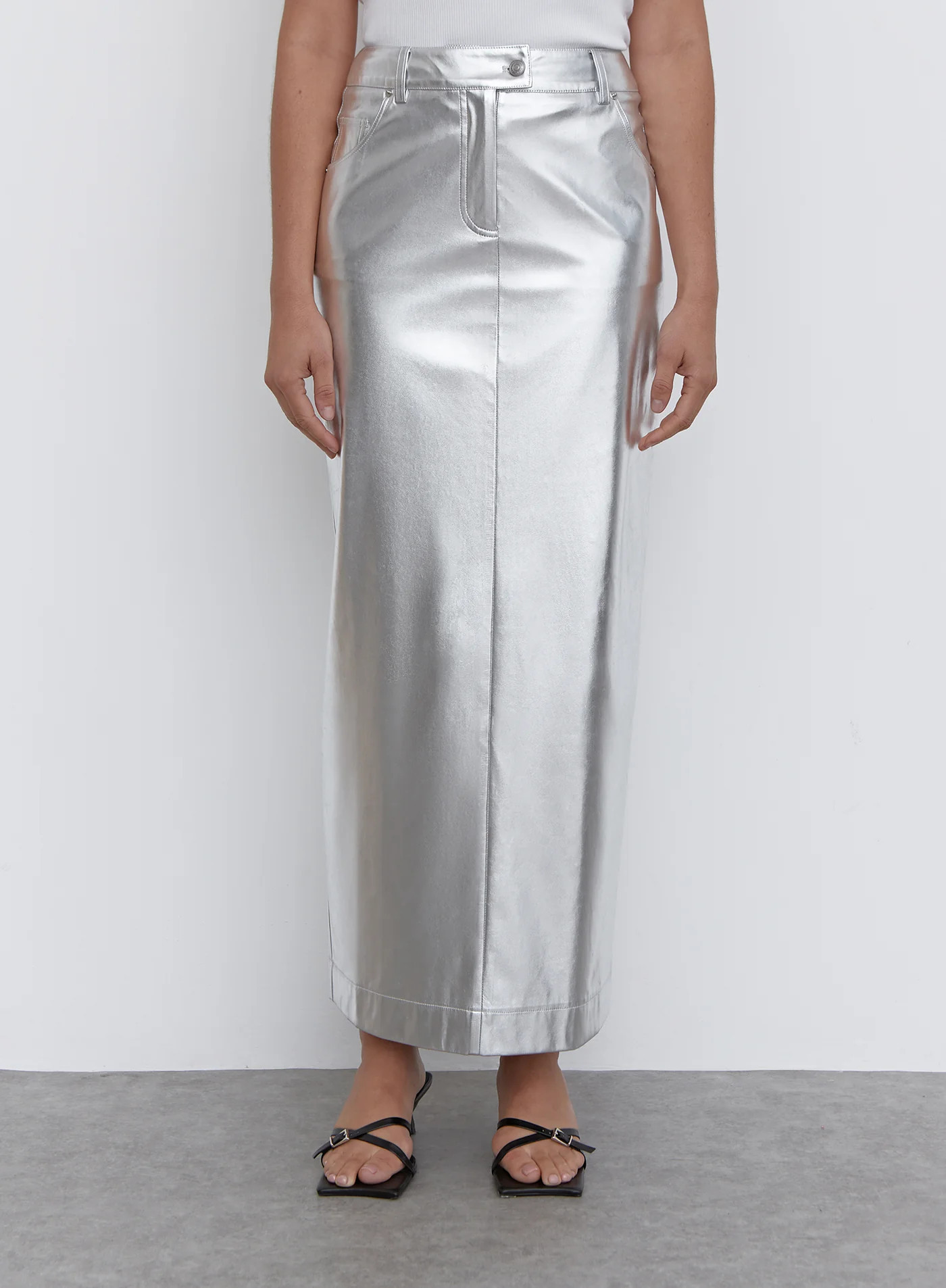 Silver Metallic Faux Leather Midaxi Skirt - Inessa | 4th & Reckless