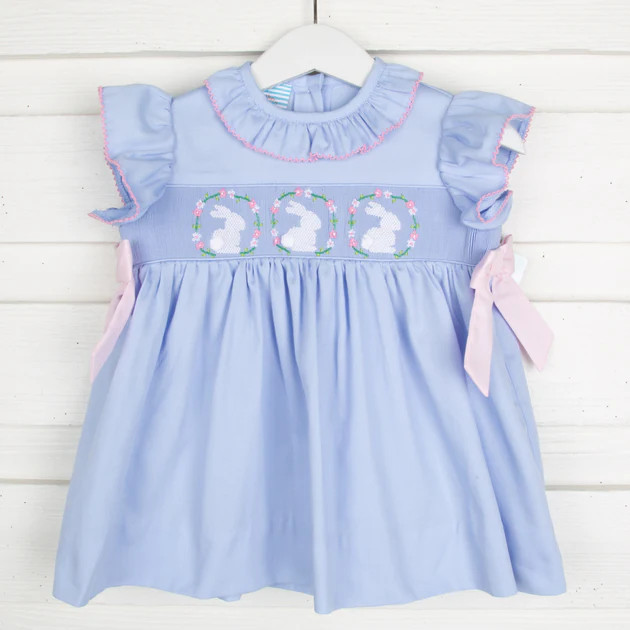 Bunny Wreath Smocked Beverly Dress Blue Pique | Classic Whimsy