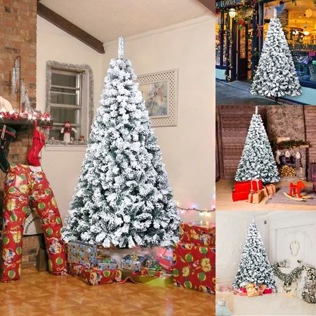 Skearow 6ft Metal Stand Pine Tree W/ 750 Branch Tips Green White Xmas Flocked Snow Unlit Christmas T | Walmart (US)