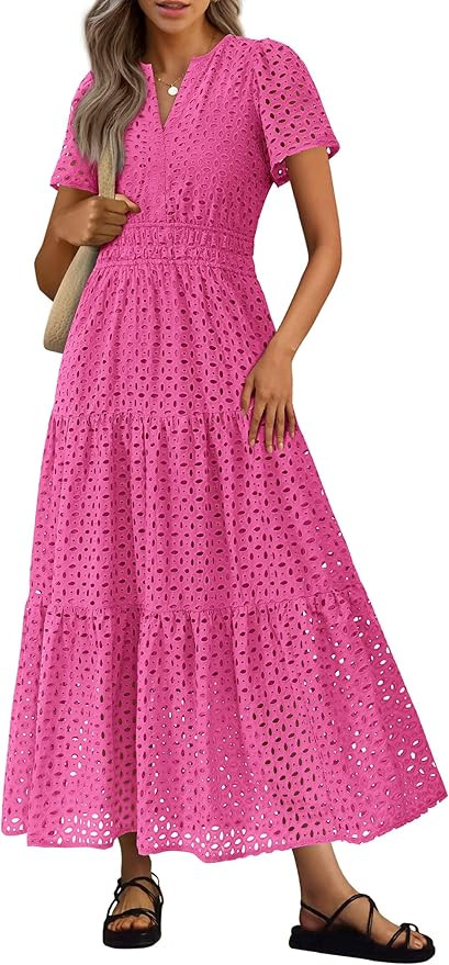 PRETTYGARDEN Womens 2026 Summer Maxi Dress Short Sleeve V Neck Hollow Out Eyelet A Line Long Flow... | Amazon (US)