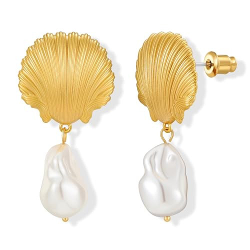 FAUTHENTICUTE Gold Seashell Earrings For Women Gold Shell Stud With A Baroque Pearl Drop Summer Pearl Dangle Earrings Beach Jewelry Gift | Amazon (US)