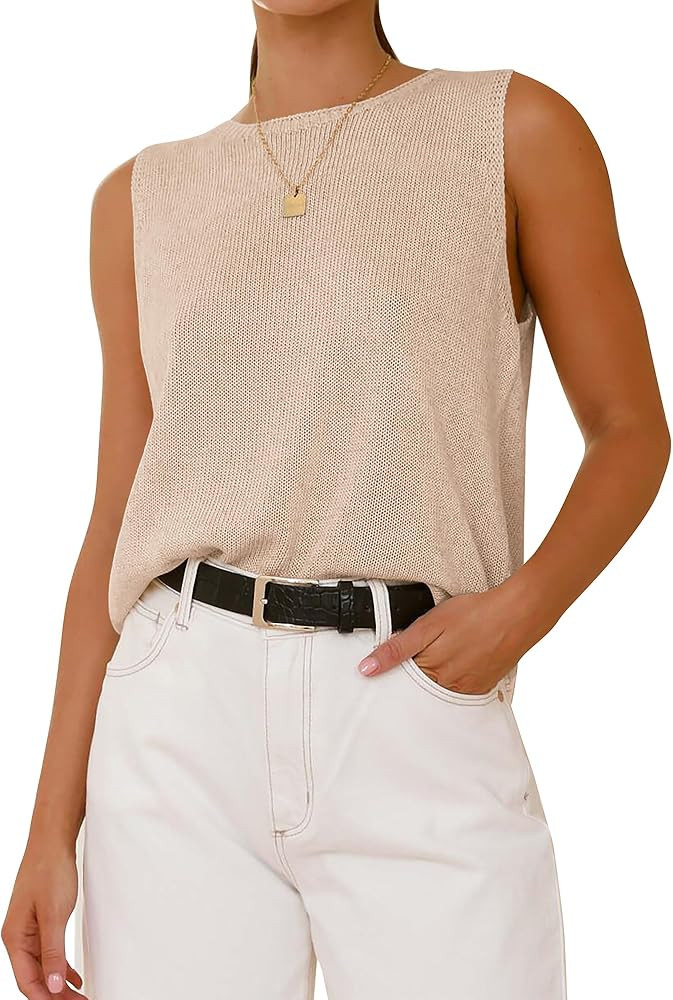BTFBM Sleeveless Sweater Tops for Women 2026 Crew Neck Lightweight Casual Loose Tank Summer Outfi... | Amazon (US)