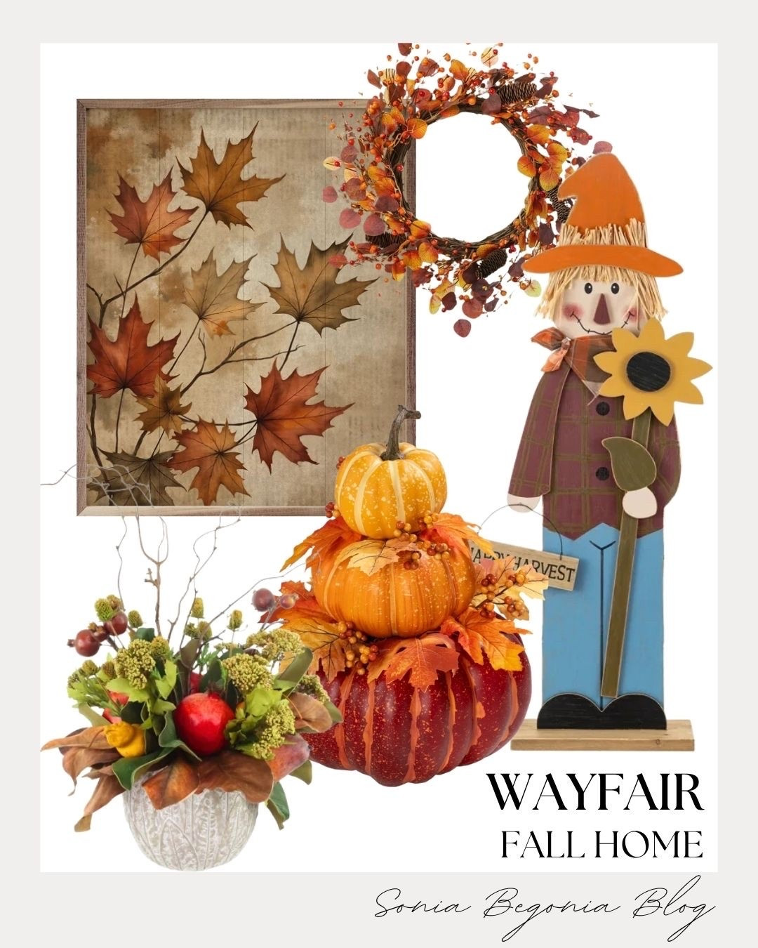Cozy Wayfair fall home finds! 🍂

I selected warm autumn accents including framed leaf wall art, a berry grapevine wreath, and a cute wooden scarecrow holding a sunflower.

I added a stacked pumpkin harvest centerpiece and a floral arrangement to bring seasonal cheer indoors. 🍁✨

#Wayfair #WayfairHome #FallDecor #LTKhome #AutumnDecor #HarvestHome #CozyVibes #HomeStyling

#LTKSeasonal #LTKHome