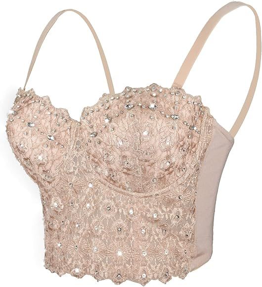 ELLACCI Women's Natural Reigning Lace Rhinestone Bustier Crop Top Sexy Mesh Corset Top Bra | Amazon (US)