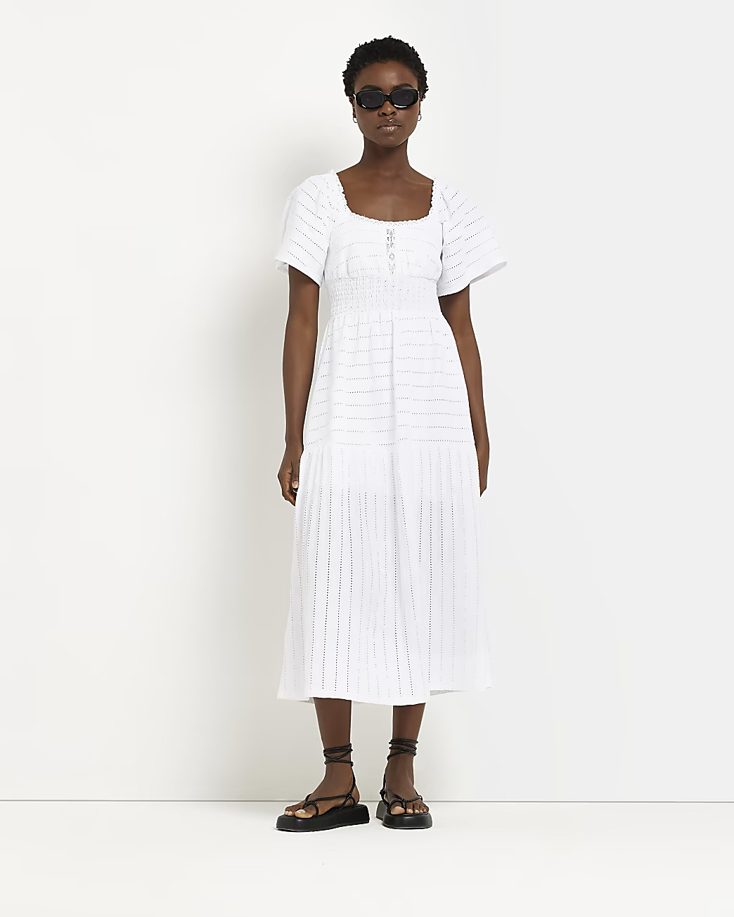 White broderie smock midi dress | River Island (UK & IE)