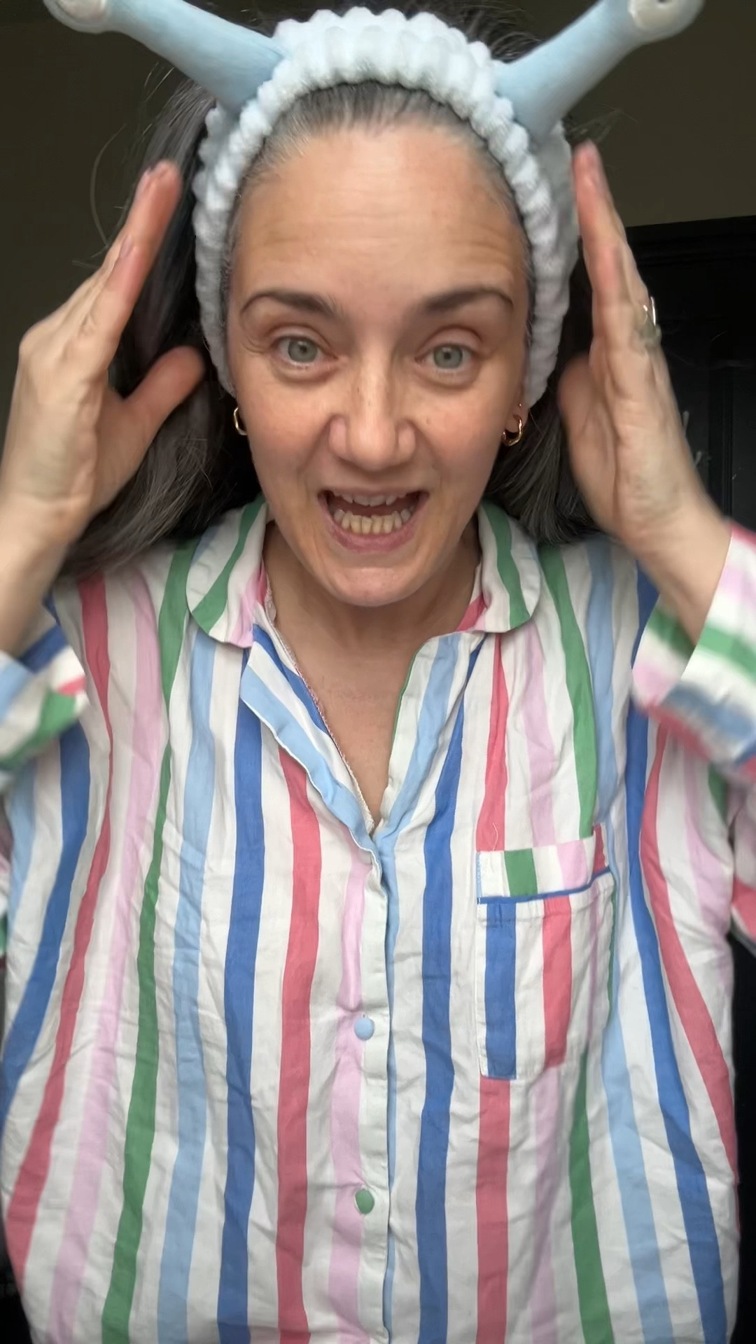 0ver 50’s daily Skincare routine 

Sainsbury’s stripe pyjamas 
snail headband
The ordinary Hyaluronic acid 
Inkey niaicimide 
Corsex snail mucin 
Ceravee moisturiser 
Trinny London BFF spf 30 