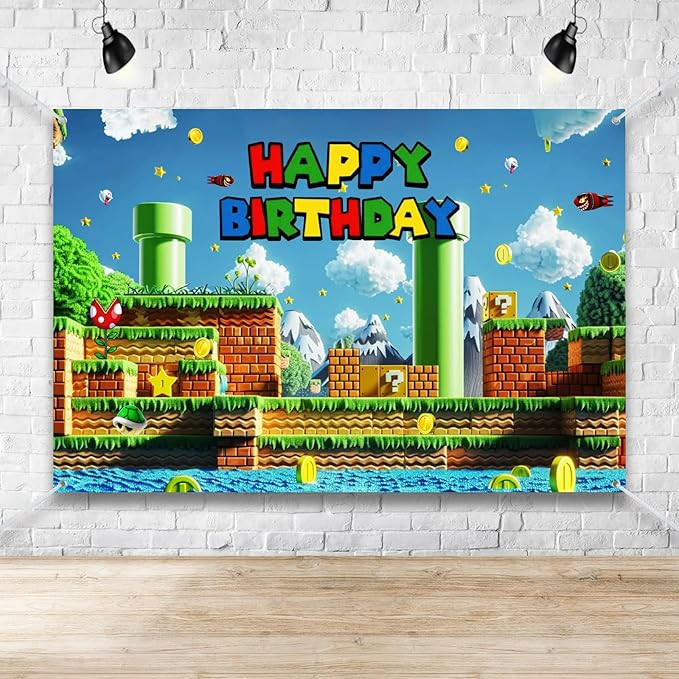 Super Bros Happy Birthday Party Decorations Banner 5x3ft Reusable Waterproof Backdrop for Kids Bi... | Amazon (US)