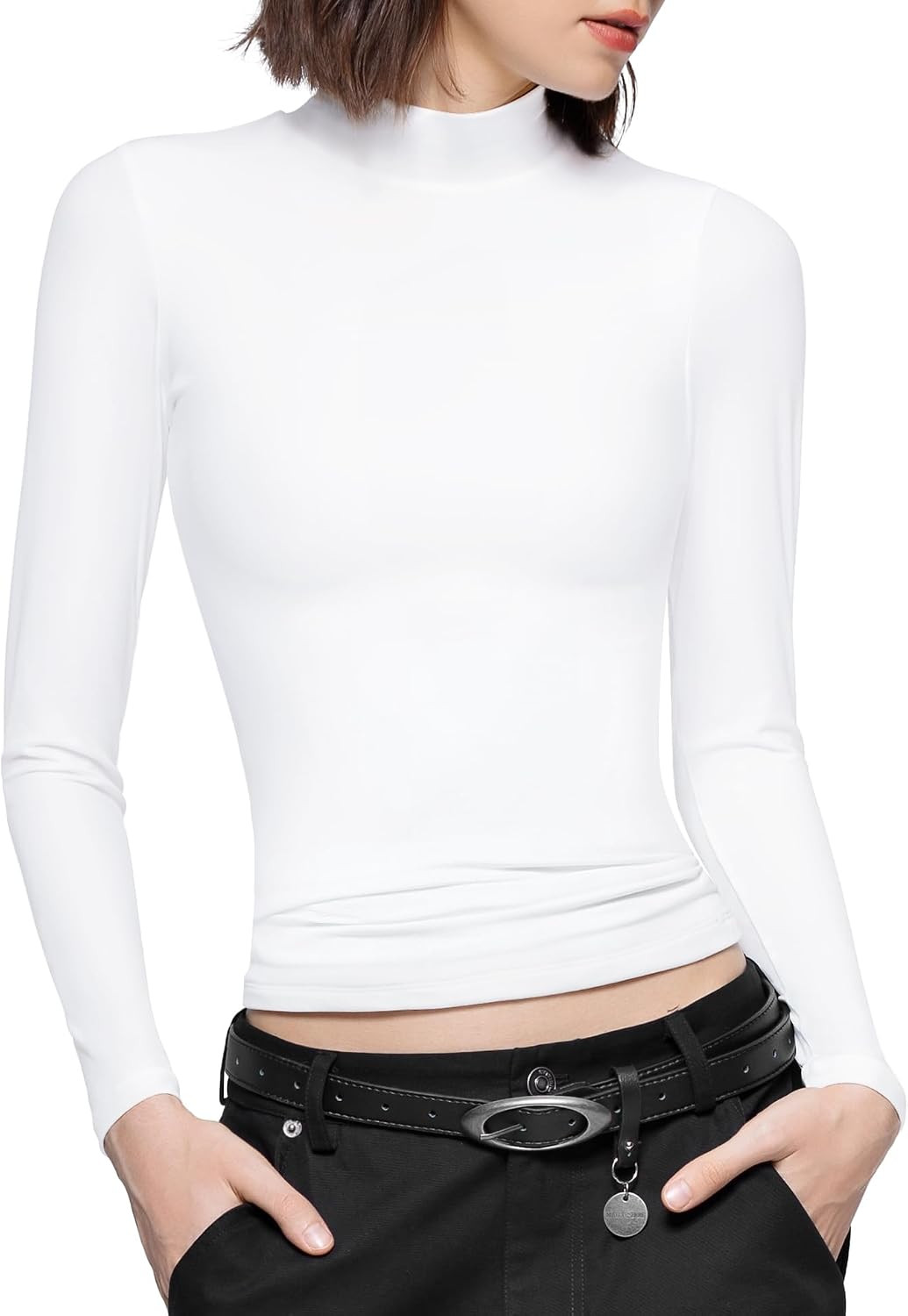 PUMIEY Women's Long Sleeve T Shirts Mock Turtleneck Slim Fit Tops Sexy Basic Tee Smoke Cloud Pro Collection | Amazon (US)