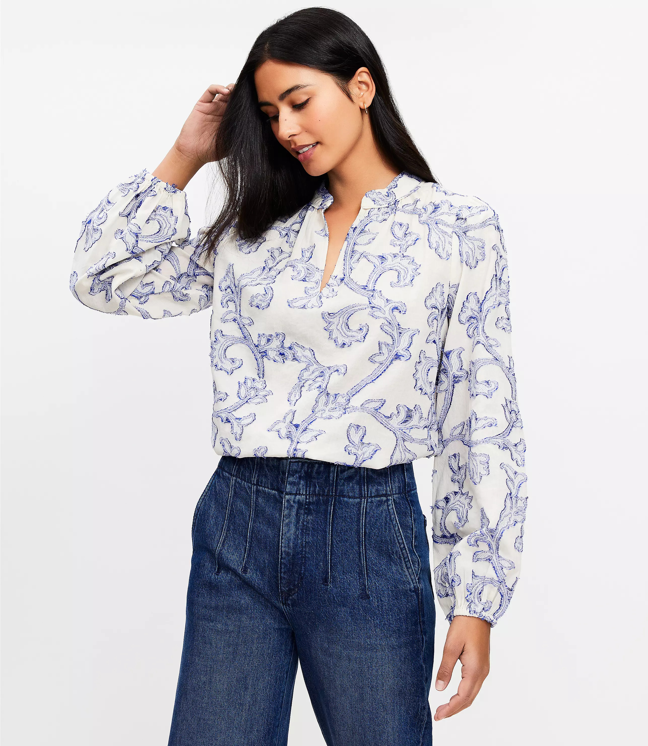 Vine Jacquard V-Neck Blouse | LOFT