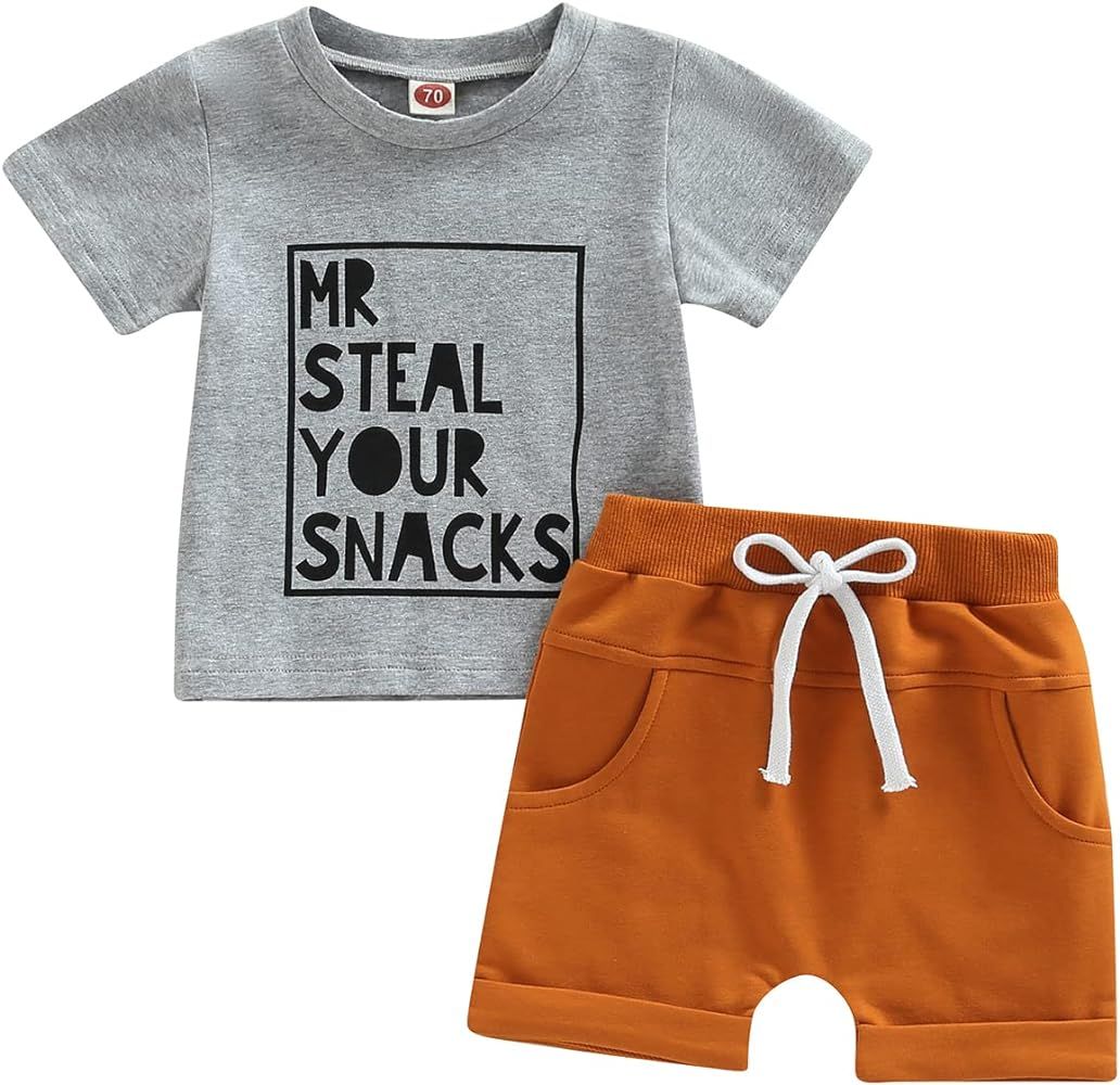 Toddler Baby Boy Summer Clothes Short Sleeve Letter Print T-Shirt with Elastic Waist Shorts Set S... | Amazon (US)