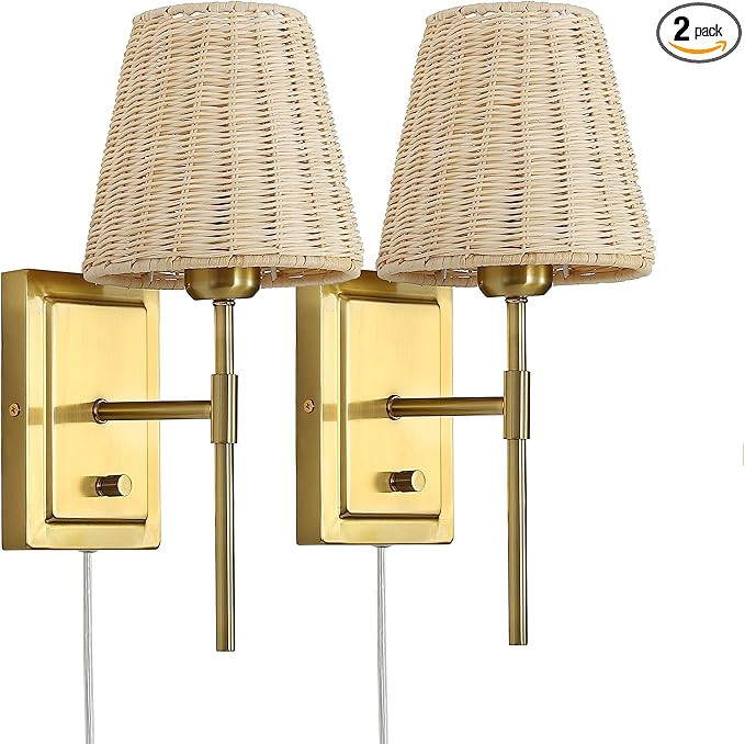 WINGBO Wall Sconce Rattan Wrapped Wall Lamp Set of 2, Wall Light Gold Light Fixture Vintage Bedsi... | Amazon (US)