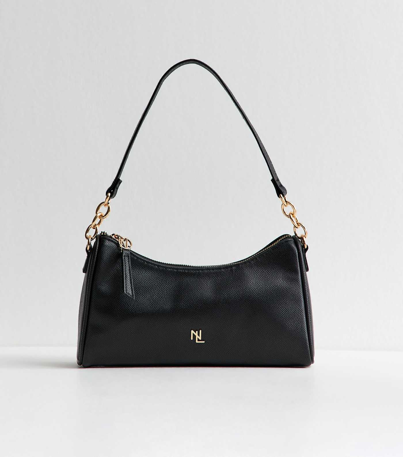 Black Faux Leather Logo Plaque Shoulder Bag | New Look | New Look (UK)