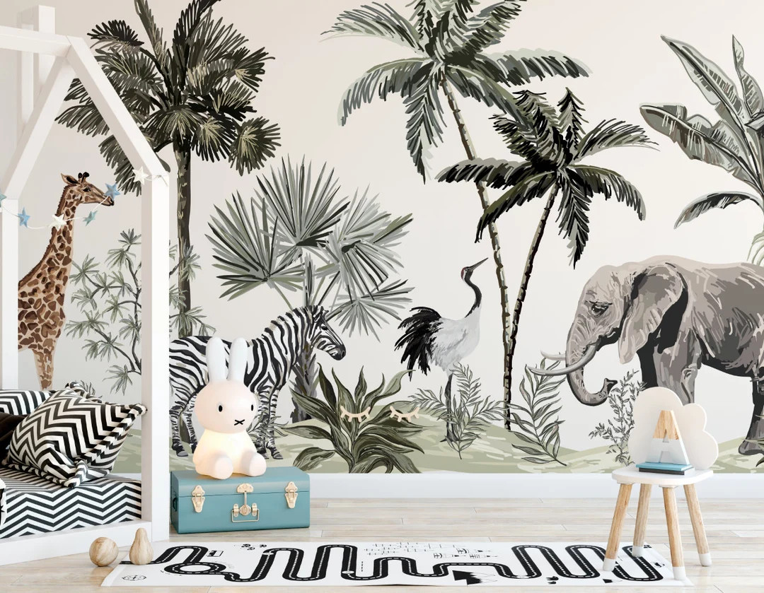 Jungle Animal Wallpaper Mural - Kids Safari Nursery Decor | Etsy (US)