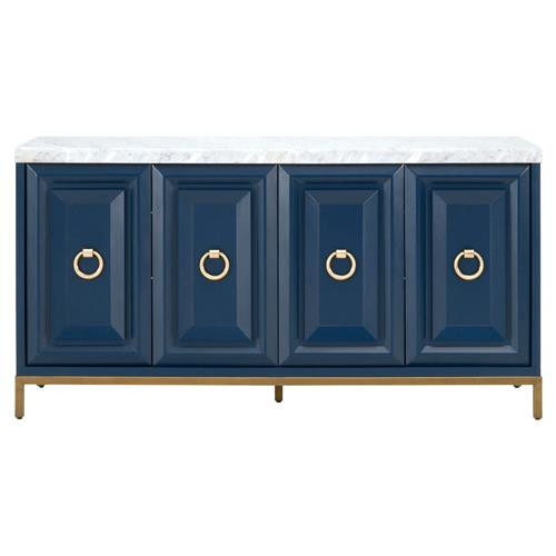 Avril Modern Blue Acacia White Marble Top Brushed Gold 4 Door Media Sideboard | Kathy Kuo Home