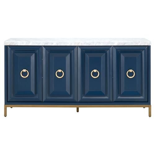 Avril Modern Blue Acacia White Marble Top Brushed Gold 4 Door Media Sideboard | Kathy Kuo Home