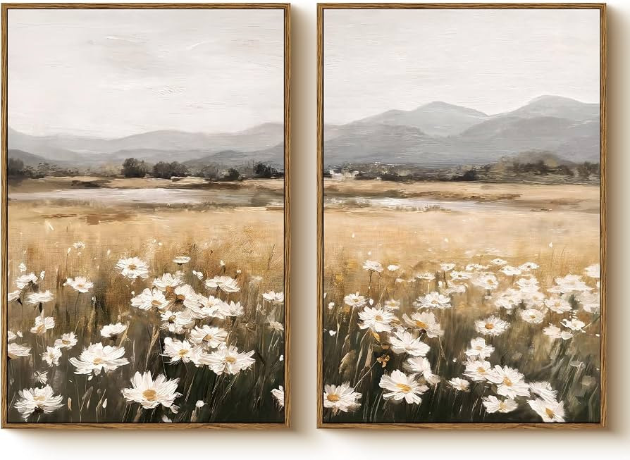 Vintage Large Landscape Framed Canvas Wall Art Set of 2 16"x24", Minimalist Meadow Flower Mountai... | Amazon (US)