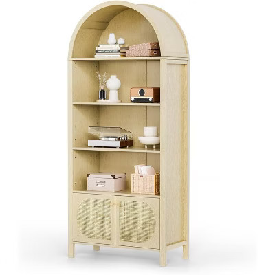 VINGLI Arched Display Cabinet, Natural Rattan Storage Cabinet with 5 Shelves, 5 Tier Arched Bookshelf, Wood Tall Bookcases, Sturdy | Target