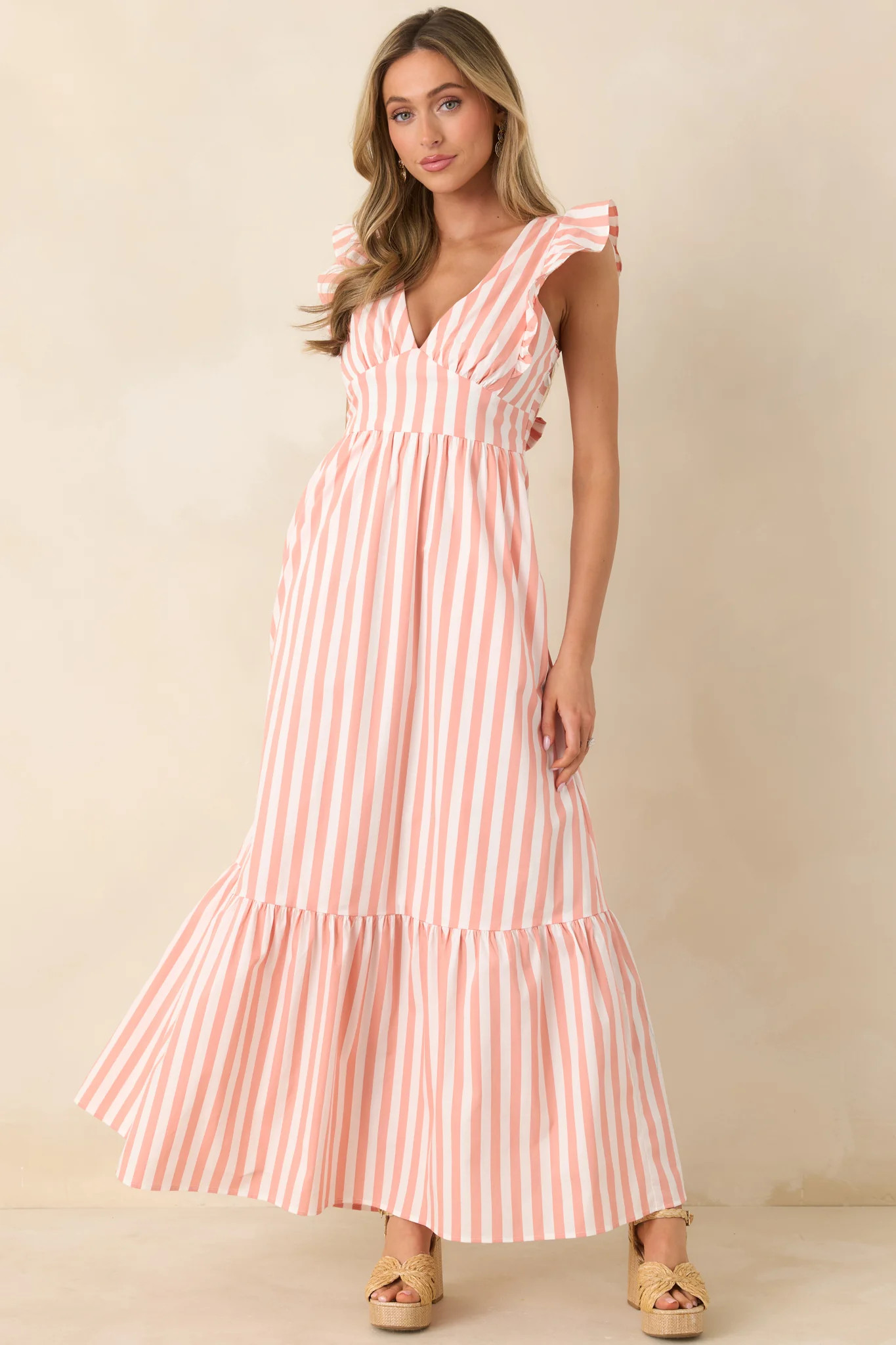 Sunset on the Shore Coral Orange Stripe Tie-Back Tiered Maxi Dress | Red Dress