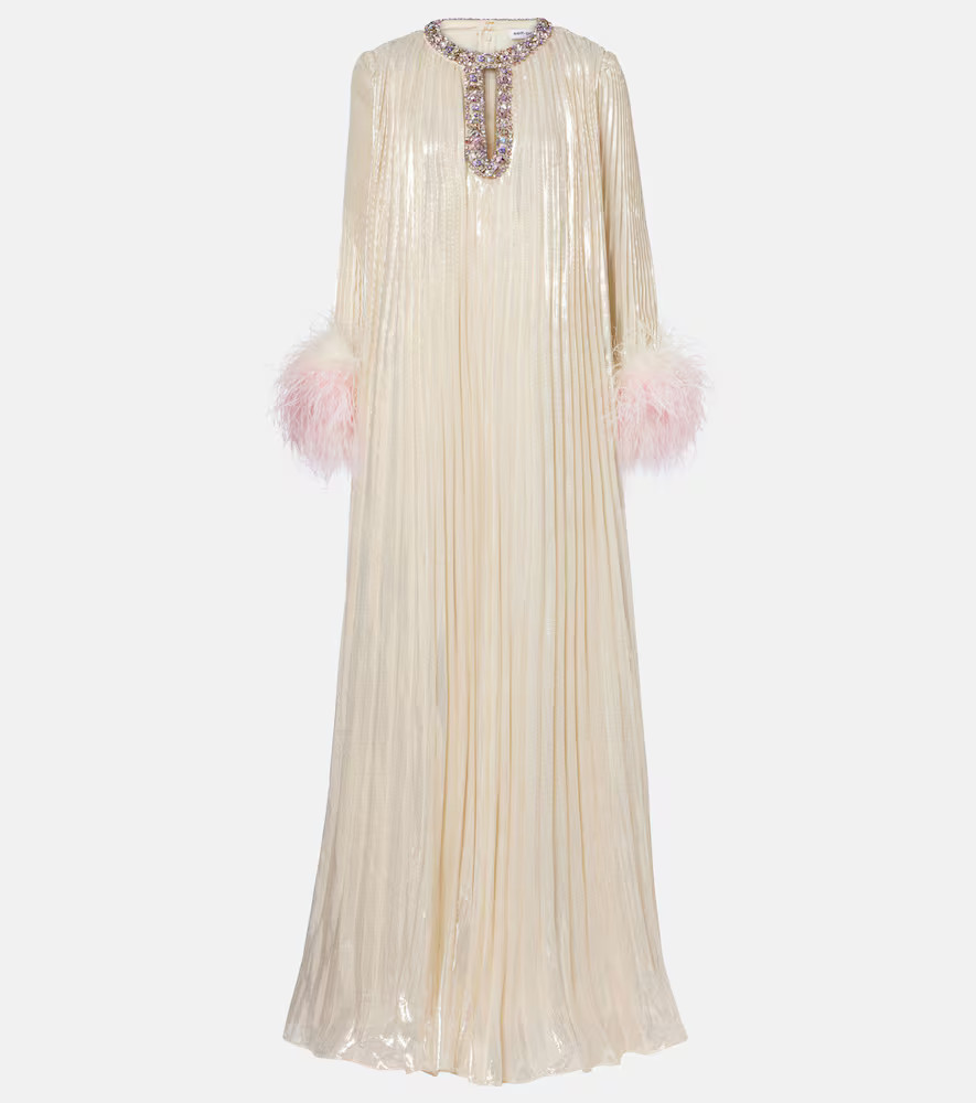 Self-Portrait Embellished feather-trimmed silk-blend maxi dress | Mytheresa (US/CA)
