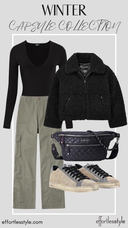 Black Bodysuit + Cargo Pants + Sherpa Jacket

#LTKSeasonal #LTKshoecrush #LTKstyletip