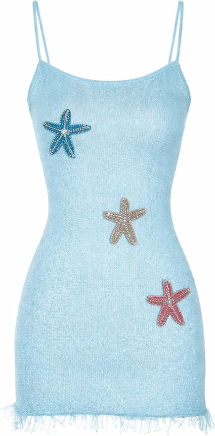 OCUH Mini Dress Spaghetti Strap Starfish Dress Tassels Sundress Sequin Sleeveless Knitted Vacatio... | Amazon (US)