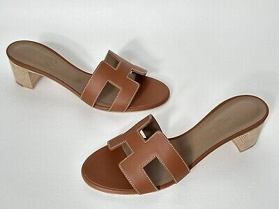 HERMES H OASIS SANDALS IN GOLD BROWN LEATHER SHOES MULES SLIDES 38 | eBay US