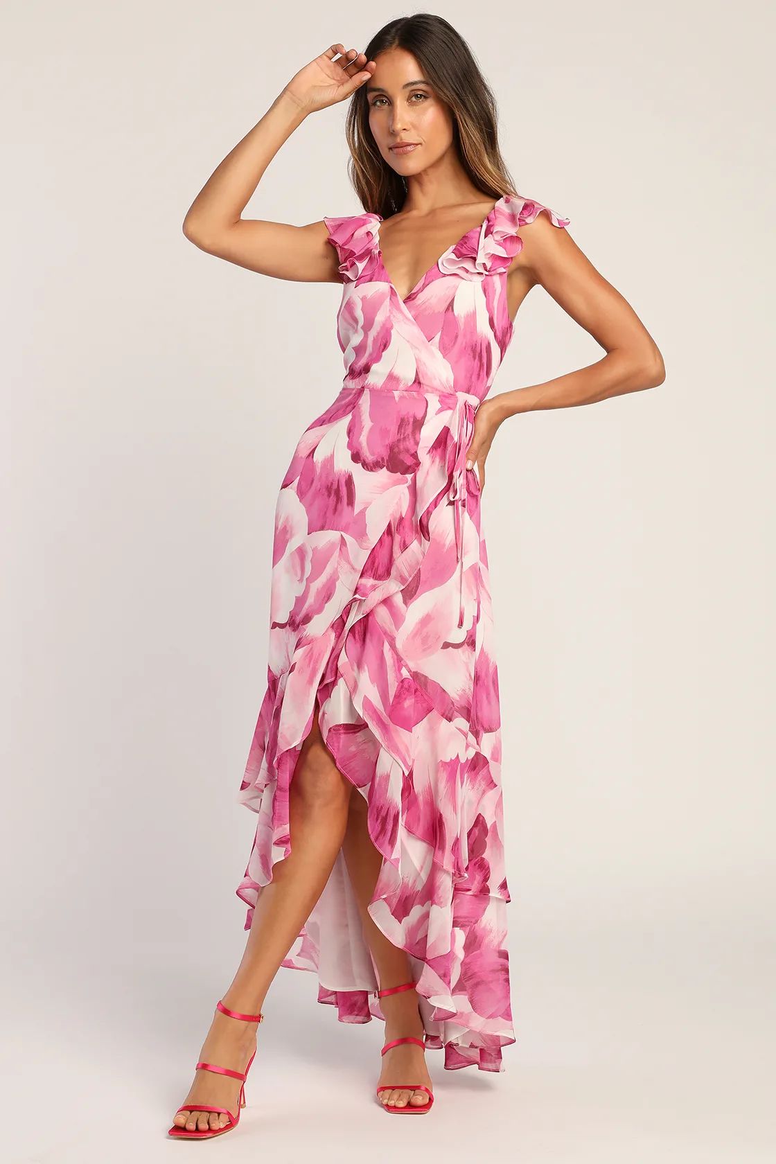 Elevate the Occasion Pink Floral Print Ruffled Wrap Maxi Dress | Lulus (US)