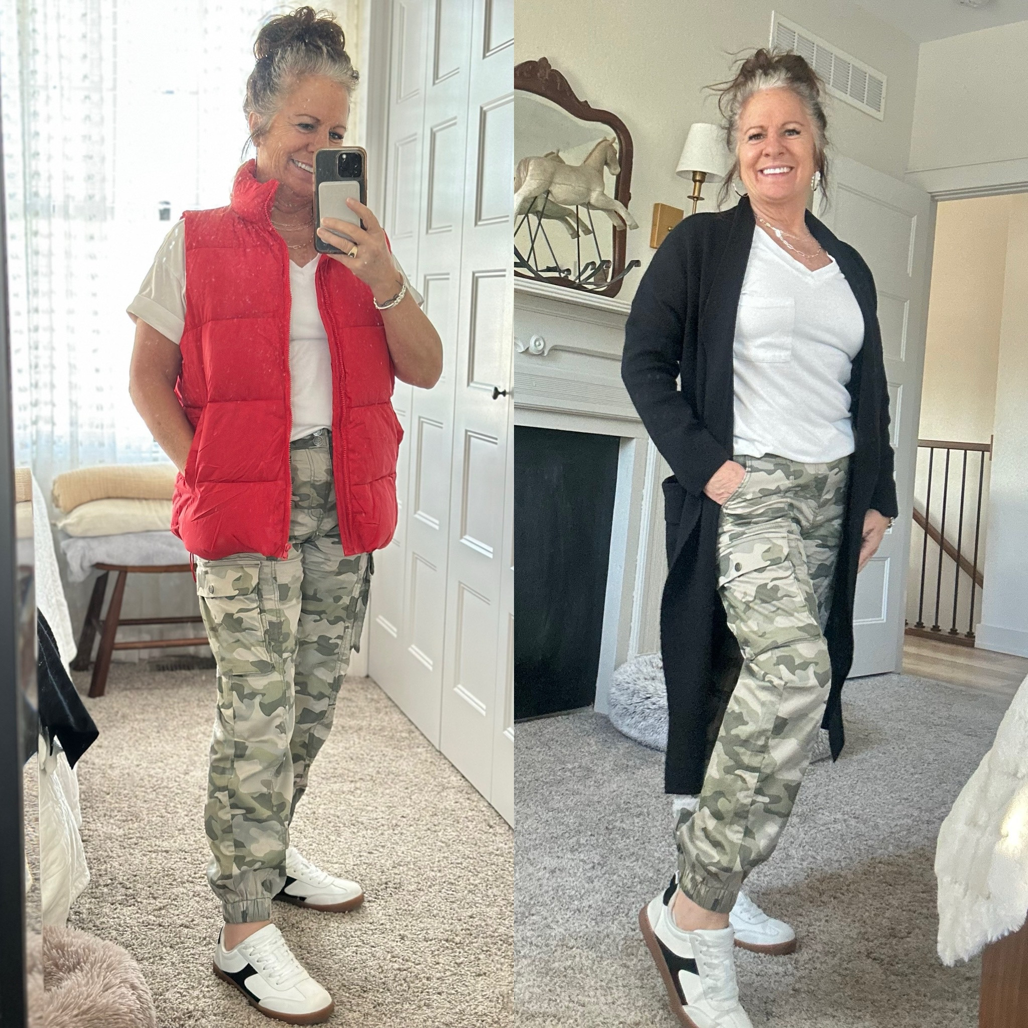 Camo cargo joggers sz sm, white v-neck short sleeved tee (sm), black duster cardigan (sm), sneakers red puffer vest sm

#LTKShoeCrush #LTKOver40 #LTKStyleTip