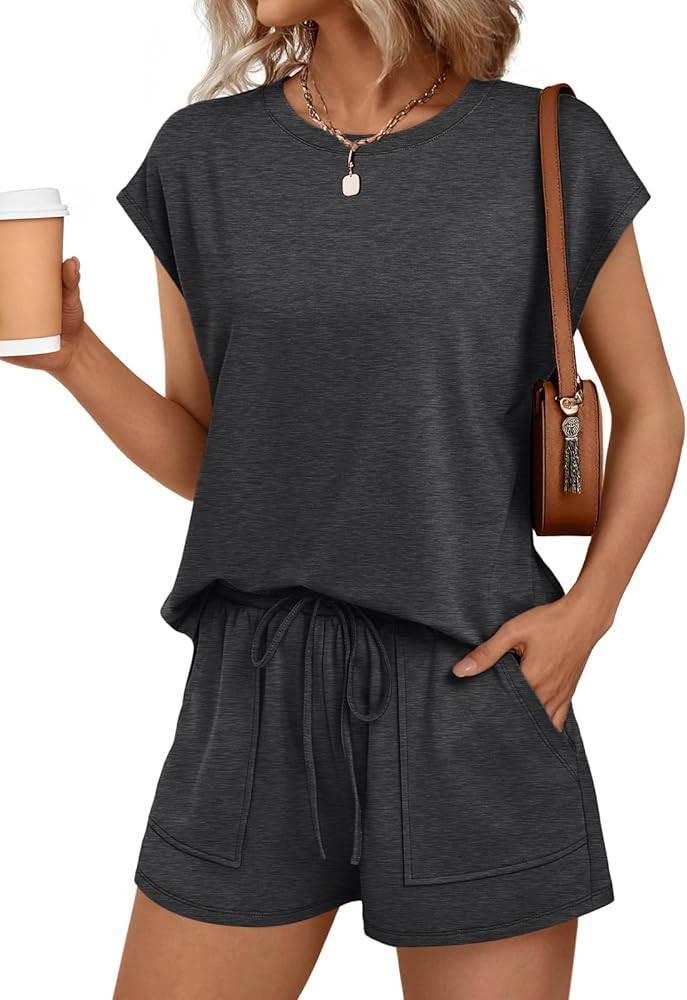 AUTOMET Womens Crew Neck Two Piece Short Sets Cap Sleeve Drawstring Summer Sweatsuit with Pocket | Amazon (US)