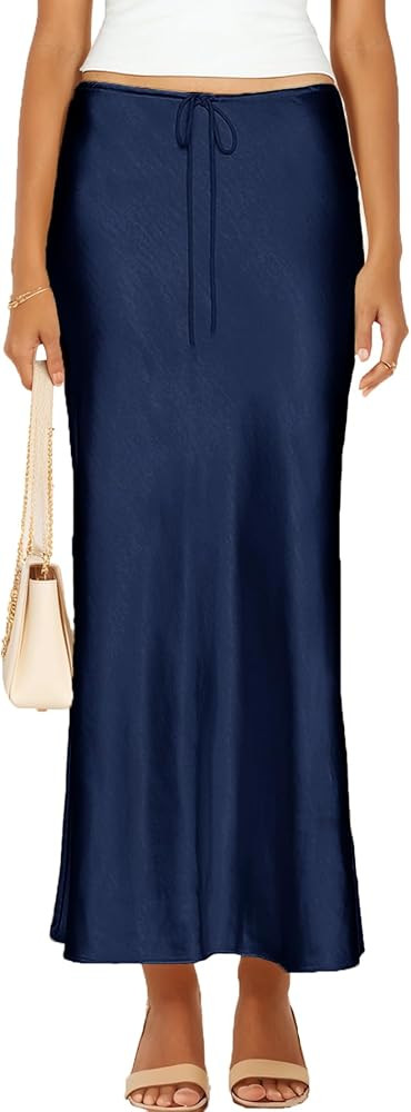 Womens Satin Silk Maxi Skirts Drawstring Flared Casual A-Line Long Skirt for Women | Amazon (US)