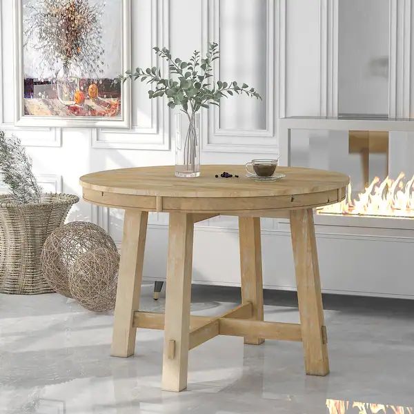 Farmhouse Round Extendable Dining Table with 16" Leaf Wood Kitchen Table - Overstock - 36035543 | Bed Bath & Beyond