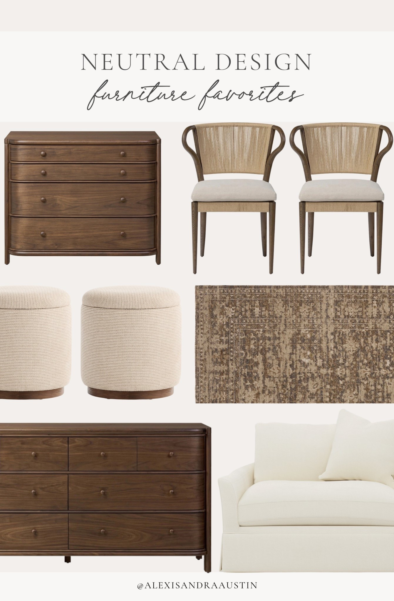 Neutral furniture favorites! Loving these rich wood tones blending with airy linen upholstery for a timeless, spring refresh.

Home finds, neutral home inspo, furniture favorites, neutral wood tones, dresser details, ottoman favorites, accent chair, neutral rug runner, vintage style rug, linen upholstered sofa, spring refresh, collected style, quality over quantity, Kathy Kuo, Crate and Barrel, Wayfair, Loloi, shop the look!

#LTKSeasonal #LTKHome