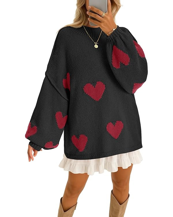 Saodimallsu Womens Oversized Heart Sweater Valentines Cute Mock Neck Chunky Knit Long Sleeve Tuni... | Amazon (US)