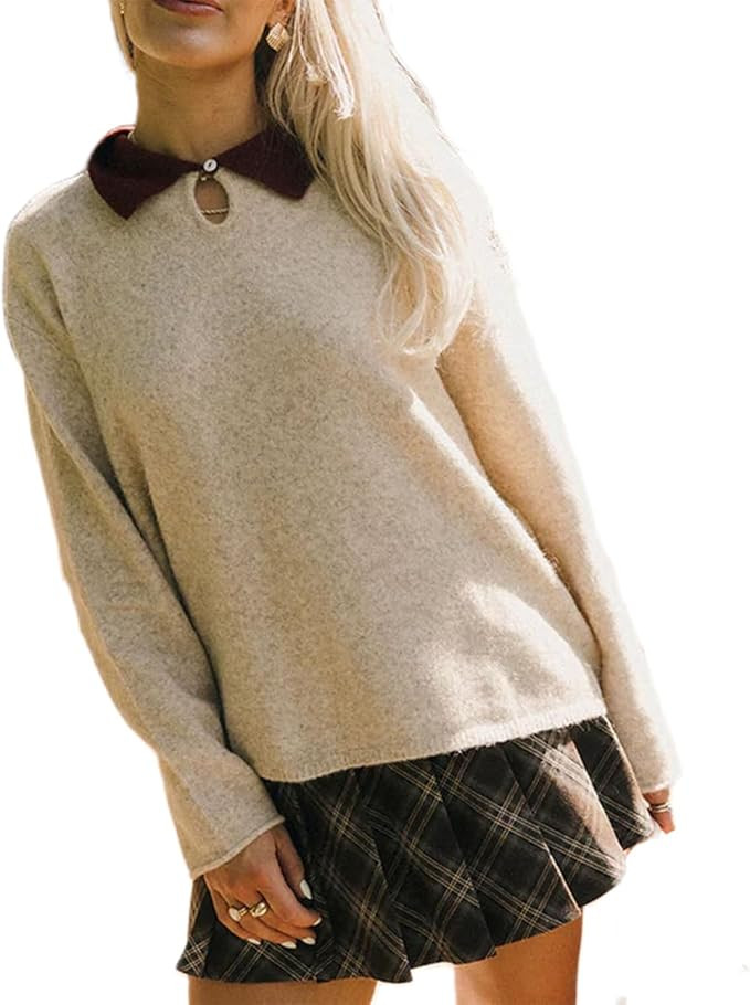 Women Color Block Collar Sweater Y2K Long Sleeve Lapel Neck Loose Fit Knit Polo Pullover Cute Goi... | Amazon (US)