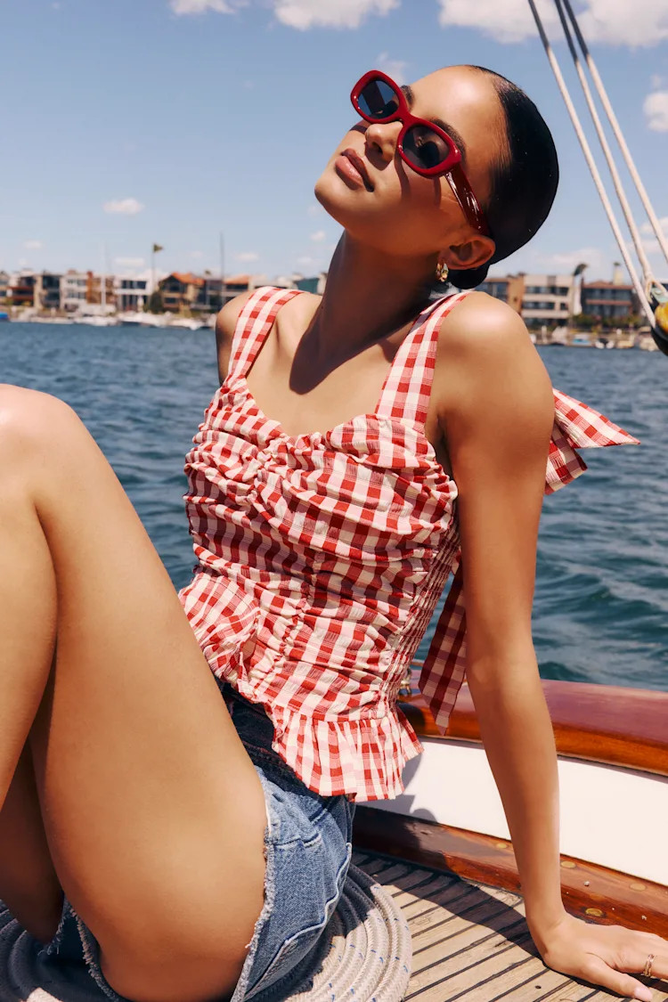 Lobelia Red Gingham Ruched Tie-Strap Top | Lulus
