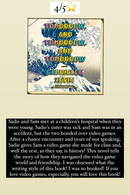 31. Tomorrow, and Tomorrow, and Tomorrow by Gabrielle Zevin :: 4:5⭐️ Sadie and Sam met at a children’s hospital when they were young. Sadie’s sister was sick and Sam was in an accident, but the two bonded over video games. After a chance encounter and years of not speaking, Sadie gives Sam a video game she made for class and, well the rest, as they say, is history! This novel tells the story of how they navigated the video game world and friendship. I was obsessed what the writing style of this book! I was so hooked! If you love video games, especially, you will love this book! 

#LTKtravel #LTKhome