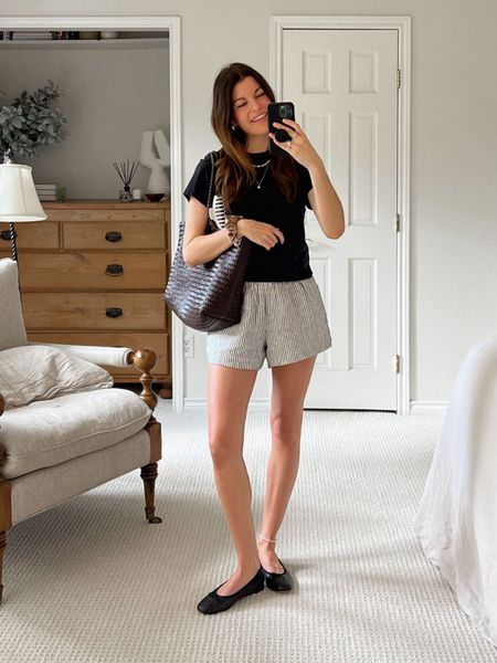 Styling striped shorts in a minimalist femme way with ballet flats and a scrunchie. Still loving this Madewell woven leather tote! 

#LTKshoecrush #LTKstyletip #LTKfindsunder50