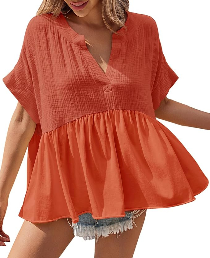 Tankaneo Womens Peplum Babydoll Tops Summer Short Sleeve Pleated Flowy Shirts Casual Loose Fit V ... | Amazon (US)