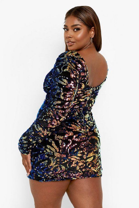 Plus Rainbow Sequin Long Sleeve Bodycon Dress | Boohoo.com (US & CA)