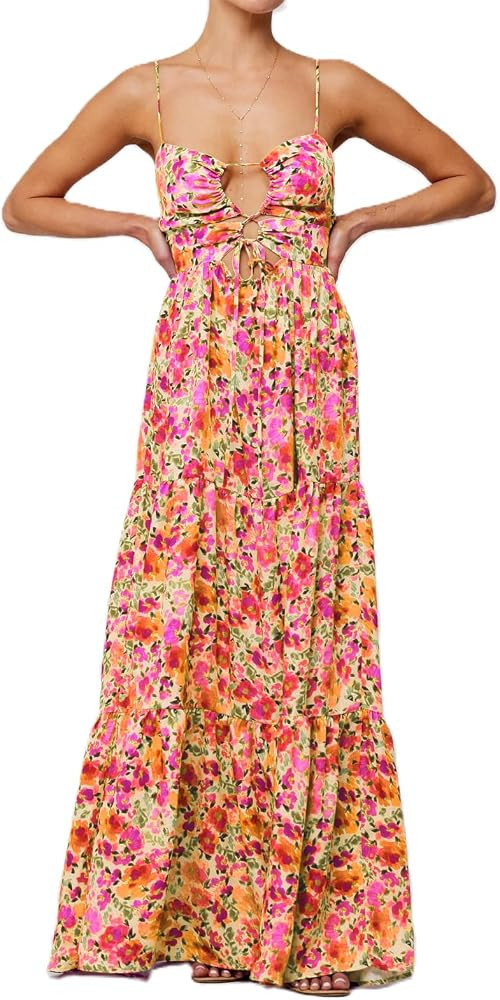 Womens Vintage Floral Long Dress Y2k Spaghetti Strap Tie Back Hollow Out Maxi Dress Summer Beach ... | Amazon (US)