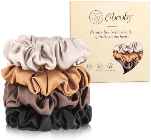 4 Pack Mulberry Silk Scrunchies, Brown Silk Hair Ties for Hair Sleep No Damag Satin Scrunchies St... | Amazon (US)