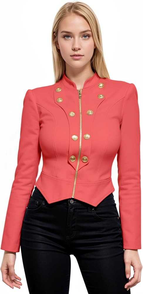 Hybrid & Company Women's Fashion Military Crop Premium Ultra Stretch Gold/Sliver Millennium Zippe... | Amazon (US)