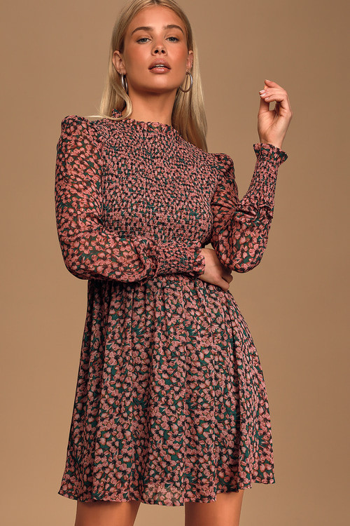 Floral Forever Green and Pink Floral Print Smocked Skater Dress | Lulus (US)