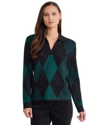 Jones New York Women's Oversized Argyle Long Sleeve Polo - Jones Black Multi | Macy's