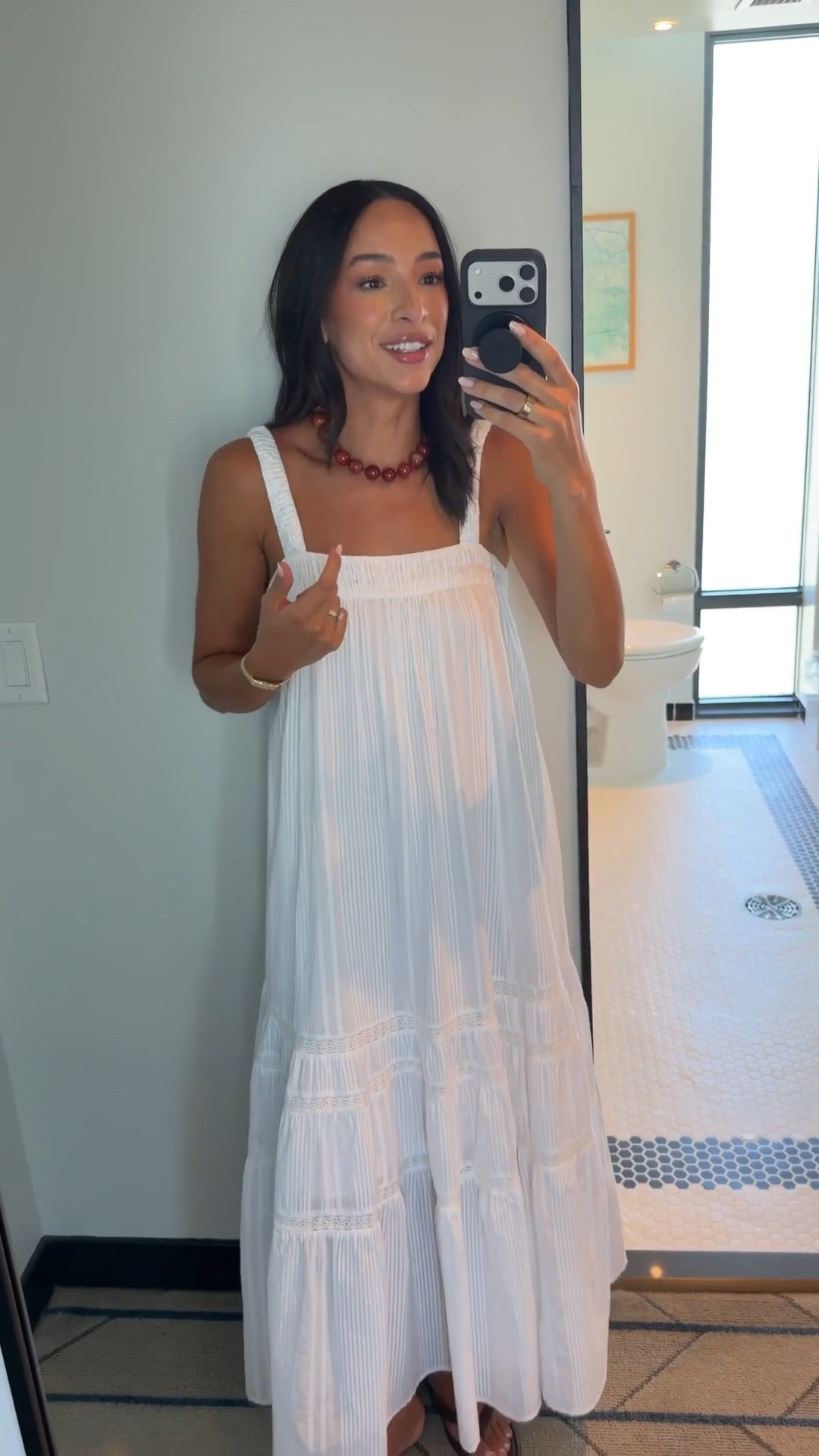 The easiest summer dress for the 4th of July and it’s on sale now 20% OFF! Add a pop of red with a beaded necklace - I've linked this exact one from Madewell and similars too! Dress runs a little large since the silhouette is so loose. I’m wearing an XS. 

white dress, white maxi dress, postpartum outfit, mom outfit, abercrombie sale, vacation outfit, summer outfit, summer dress, summer dresses, statement necklace, necklace stack

#LTKSaleAlert