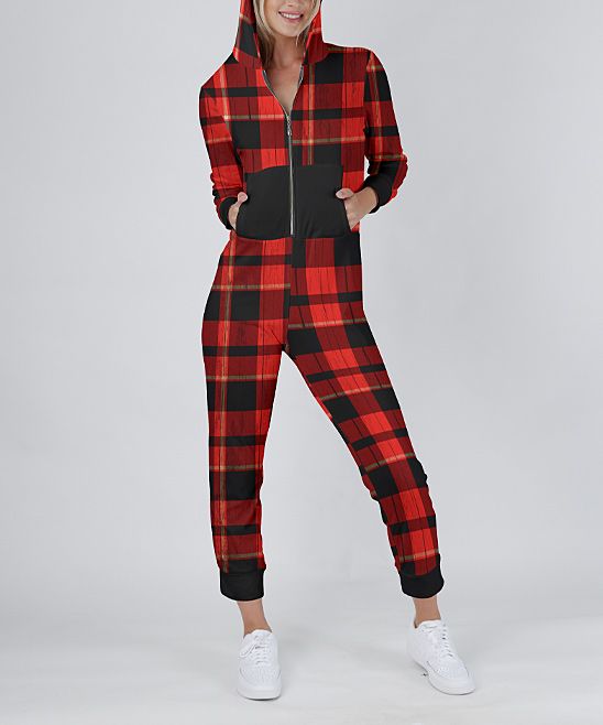 Lily Women's Jumpsuits BLK - Black & Red Plaid Zip-Up Hooded Jumpsuit | Zulily