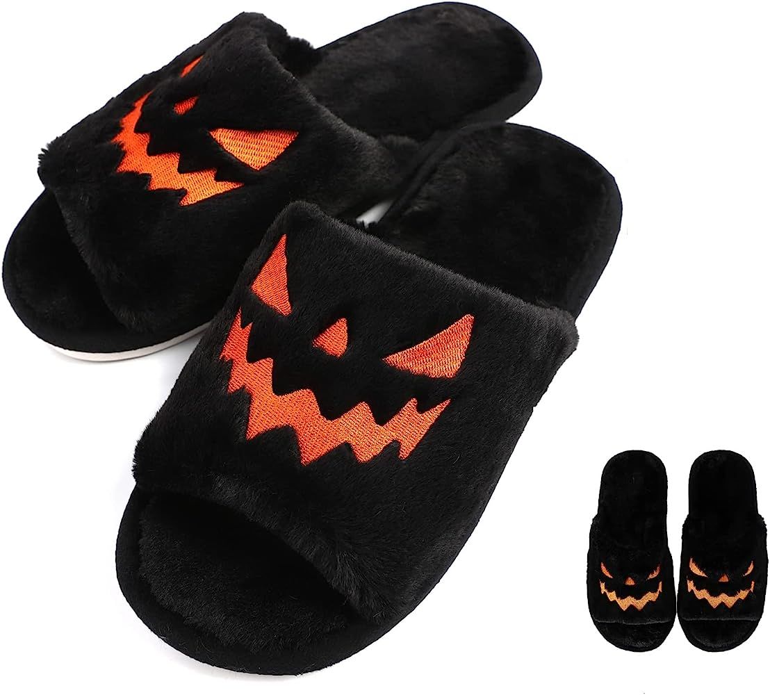 Halloween Pumpkin Slippers for Women and Men, Women's Slipper Soft Plush Cozy Open Toe Women Indoor  | Amazon (US)