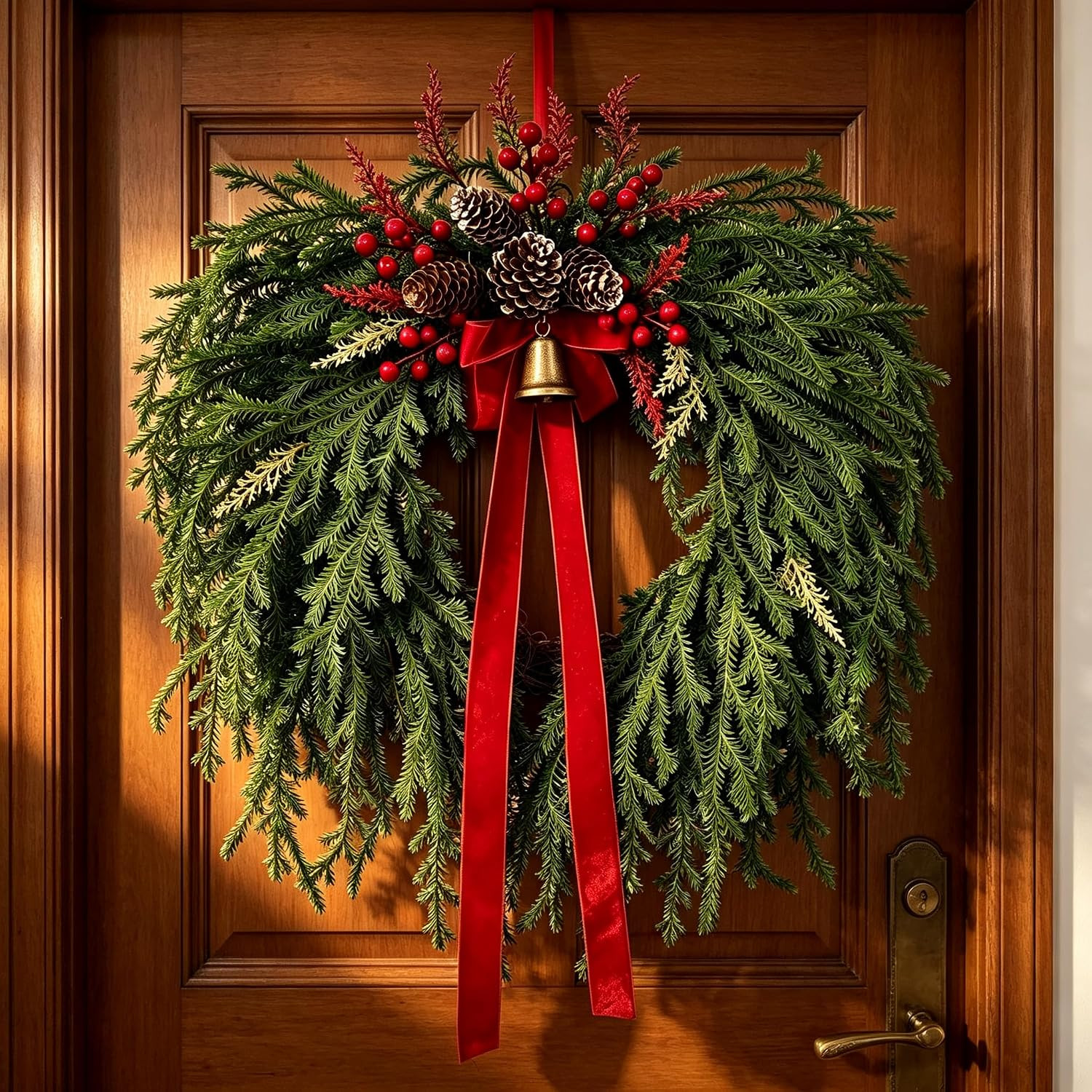 24 Inch Christmas Wreath for Front Door - Artificial Cedar Winter Wreath with Red Velvet Bow, Golden Bell, Pinecones & Red Berries, Farmhouse Holiday Wreath for Indoor Outdoor Christmas Decorations | Amazon (US)