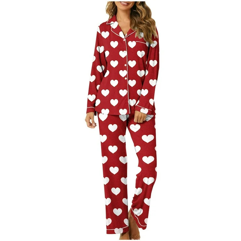 Diufon Valentine's Day Pajamas Set for Women Long Sleeve Lapel Top with Straight Wide Leg Pants H... | Walmart (US)